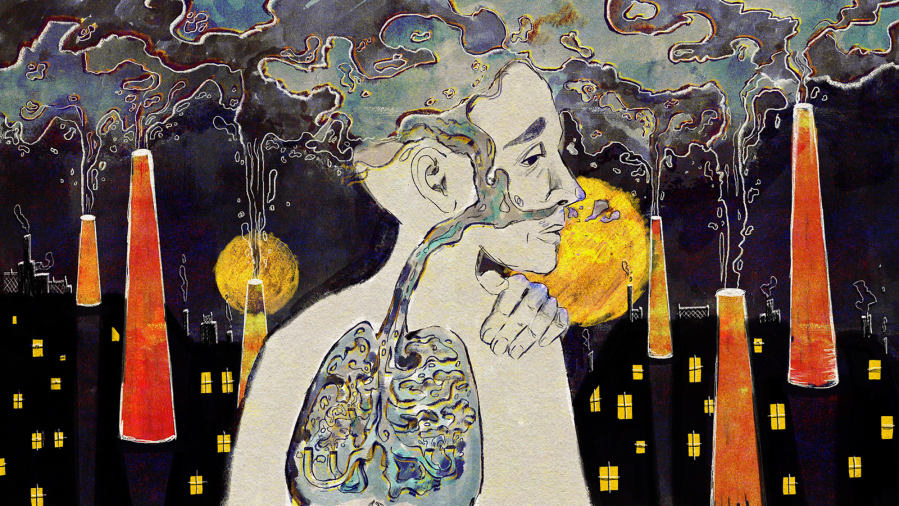 A digital illustration in watercolor and pencil shows a human with a melancholy expression at the center of the image. Their head is encircled by air pollution that billows up from surrounding smoke stacks. The background depicts a city at night.