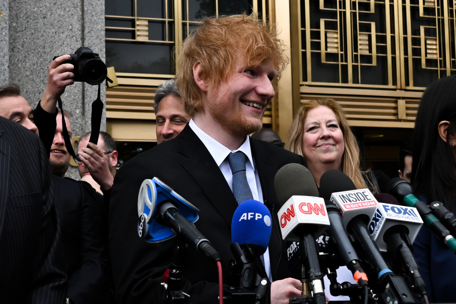 Ed Sheeran leaves Manhattan federal court and speaks to members of the media May 4 after he was found not guilty in a music copyright trial in New York City. (Alexi J.