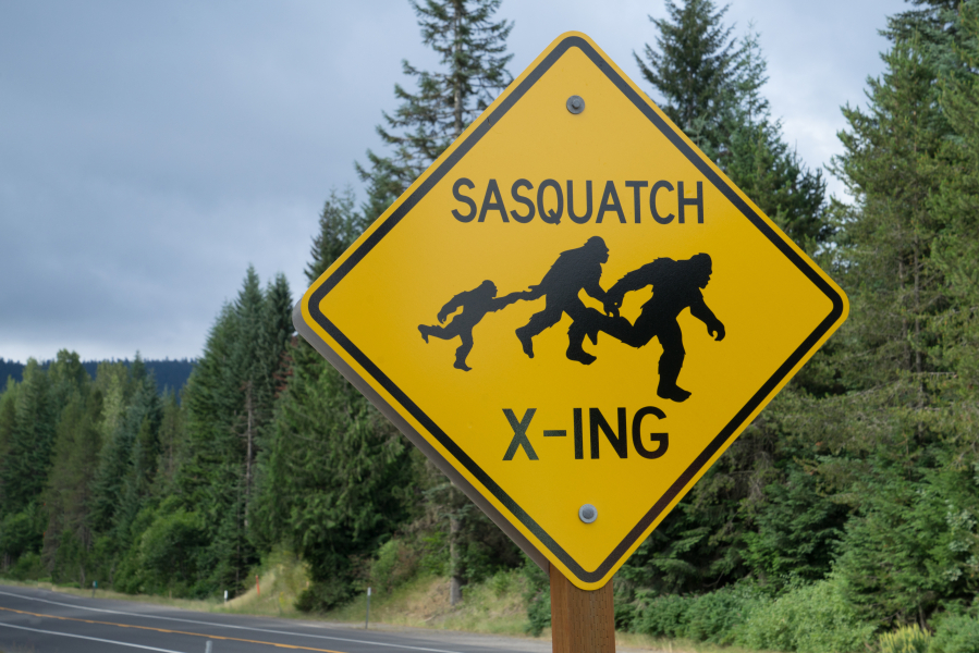 Sasquatch crossing sign is seen in the Oregon wilderness. The Northwest is a hot spot for reported bigfoot sightings.