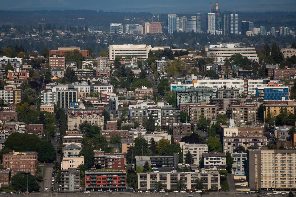 Capitol Hill neighborhood and Bellevue seen from the Space Needle on Friday, May 20, 2022.