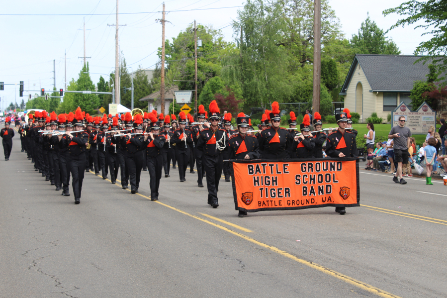 The Battle Ground High School Tiger Band marches along Hazel Dell Avenue during Saturday's Hazel Dell Parade of Bands.