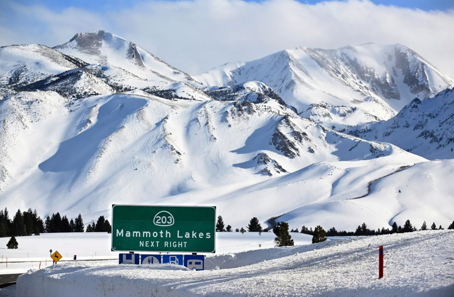 The Sierra Nevada mountains around Mammoth Lakes, California, are caked with snow.
