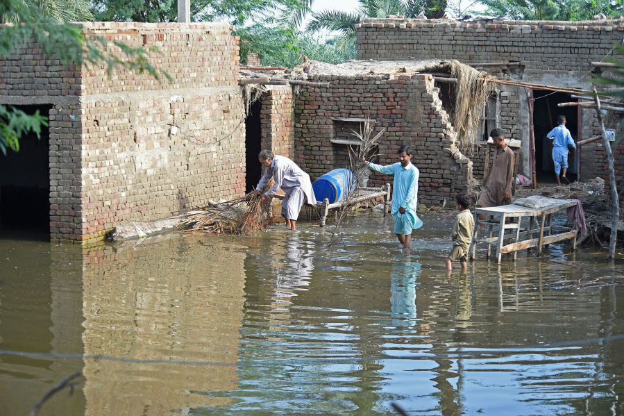 People remove bushes from their flooded houses in Sukkur, Pakistan, on Sept. 2.