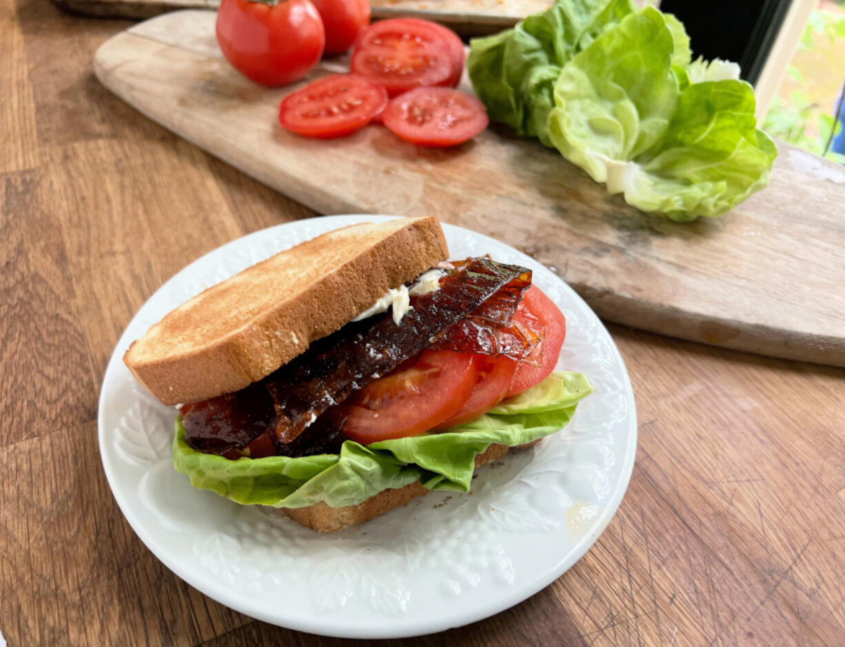 Strips of rice paper are soaked in a soy sauce-based marinade and then baked to "create" bacon for a BLT.