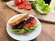 Strips of rice paper are soaked in a soy sauce-based marinade and then baked to "create" bacon for a BLT.