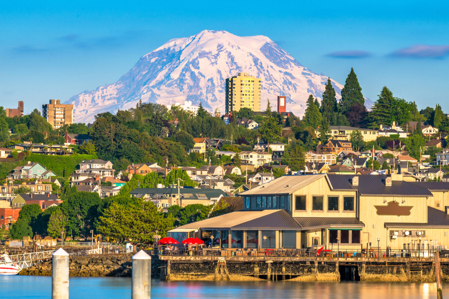 From Commencement Bay in Tacoma, Washington, Mt. Rainier looms large.