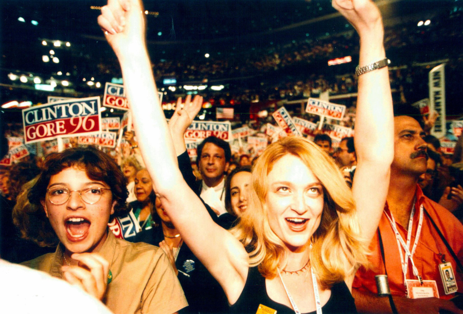 Delegates react after incumbent President Bill Clinton finished his nomination speech on Aug. 29, 1996, at the Democratic National Convention at the United Center in Chicago.
