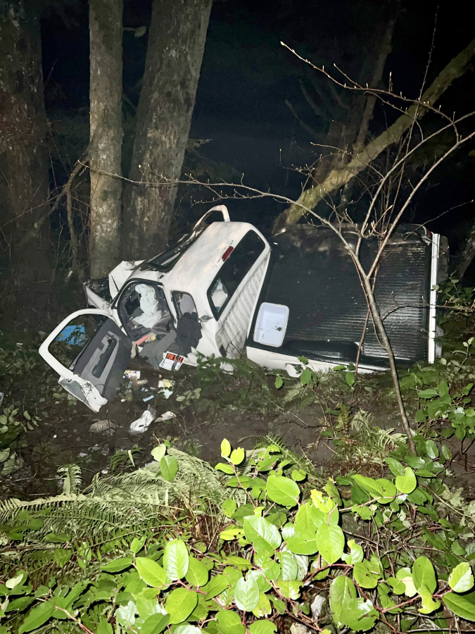 A truck, as seen Feb. 4, 2022, after it crashed in the 26700 block of Northeast Lucia Falls Road. On Wednesday, Clark County sheriff's deputies arrested 48-year-old Ronda Knapp for the crash that killed her passenger, identified as 51-year-old Steven Woolsey.