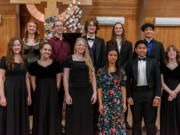 Students who auditioned April 18 for the Vancouver Master Chorale's Youth Vocal Scholarship: first row, from left, Catherine Hartrim-Lowe, home-schooled; Aowynn Frye, Heritage High School; Juliana Traphagen, Cedar Tree Classical Christian School; Jasmine Eiland, Vancouver School of Arts and Academics; Christian Villahermosa, VSAA; and (winner) MacKenzie Stiles, Heritage. Second row from left are (winner) Adisynn Ackley, Prairie High School; Tanner Wuethrich, VSAA; Eliott Bohm, Heritage; Payton Graham, Heritage; and Ethan Knerr, Heritage. Not pictured are Chayse Stone, Heritage; and Minntah Haefker, Lincoln.