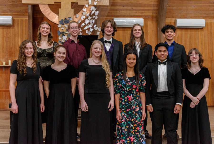 Students who auditioned April 18 for the Vancouver Master Chorale's Youth Vocal Scholarship: first row, from left, Catherine Hartrim-Lowe, home-schooled; Aowynn Frye, Heritage High School; Juliana Traphagen, Cedar Tree Classical Christian School; Jasmine Eiland, Vancouver School of Arts and Academics; Christian Villahermosa, VSAA; and (winner) MacKenzie Stiles, Heritage. Second row from left are (winner) Adisynn Ackley, Prairie High School; Tanner Wuethrich, VSAA; Eliott Bohm, Heritage; Payton Graham, Heritage; and Ethan Knerr, Heritage. Not pictured are Chayse Stone, Heritage; and Minntah Haefker, Lincoln.