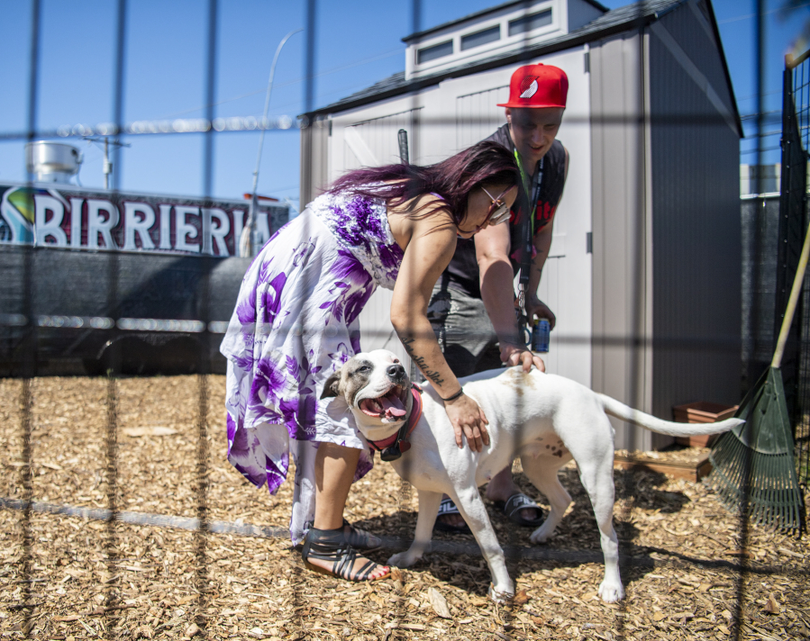 Katie Vongthongthip, left, and her fiancee, Chance Newbill, play with their dog, Nova Scotia, at the Hope Village Safe Stay on Fourth Plain Boulevard. Before moving to Hope Village, the couple lived in a van for five years.