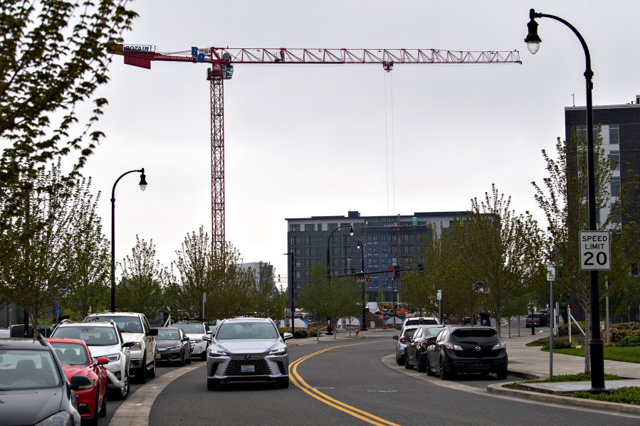 A new crane is seen at The Waterfront Vancouver as construction continues on a parking garage Wednesday morning, May 3, 2023.