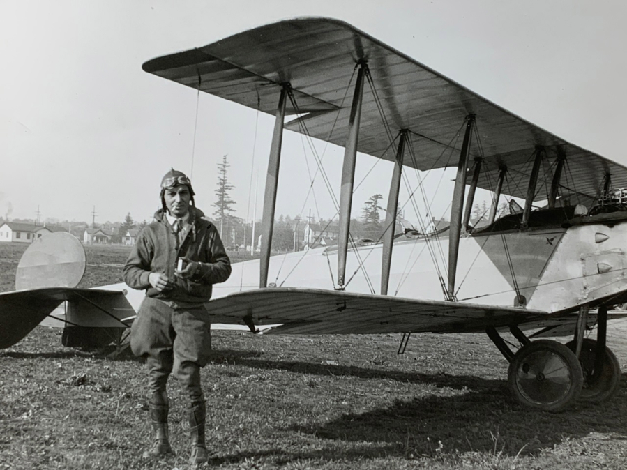 Danny Grecco poses in front of his three-seater Avro biplane in 1928. He was an ace mechanic for Tex Rankin, as well as other pilots and corporations. He helped Silas Christofferson tear down and then rebuild a Curtiss Pusher atop the Multnomah Hotel before the plane's flight to the Vancouver Barracks. He also performed in air circuses as a daredevil wing walker. When he retired, he spent time restoring airplanes at Pearson Field.