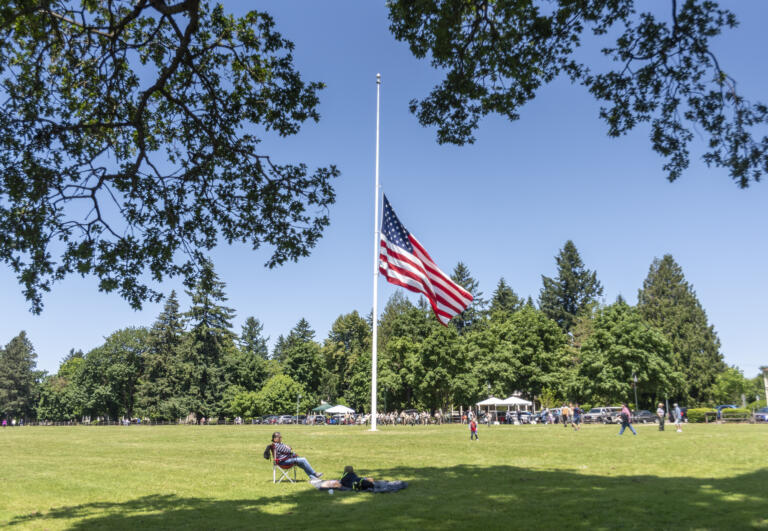 A garrison American flag sits at half mast Monday, May 29, 2023, during a Memorial Day Ceremony at Fort Vancouver National Historic Site.