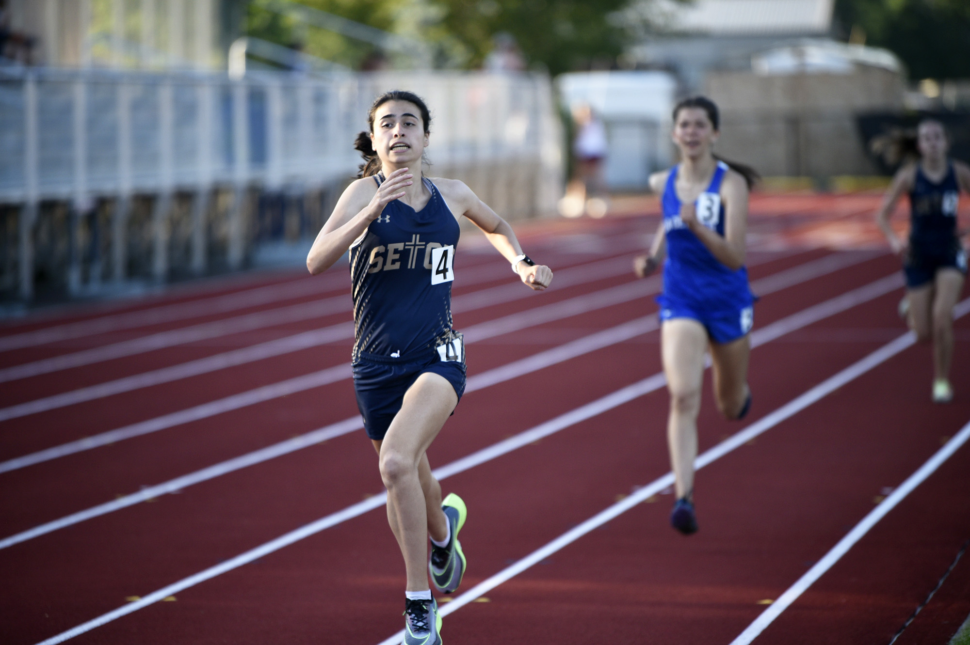 Seton Catholic's Alexis Leone sprints to the finish of the girls 800 meters to post her third win at the Class 1A District 4 track and field meet at Seton Catholic on Thursday, May 18, 2023.