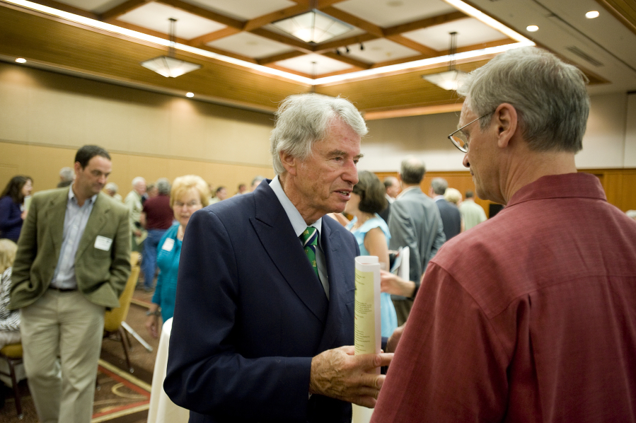 Former Congressman Don Bonker, center, and Oregon Congressman Earl Blumenauer speak after a recognition reception for the 25th anniversary of the passage of the Columbia River Gorge National Scenic Act on Aug. 13, 2011, at Skamania Lodge.