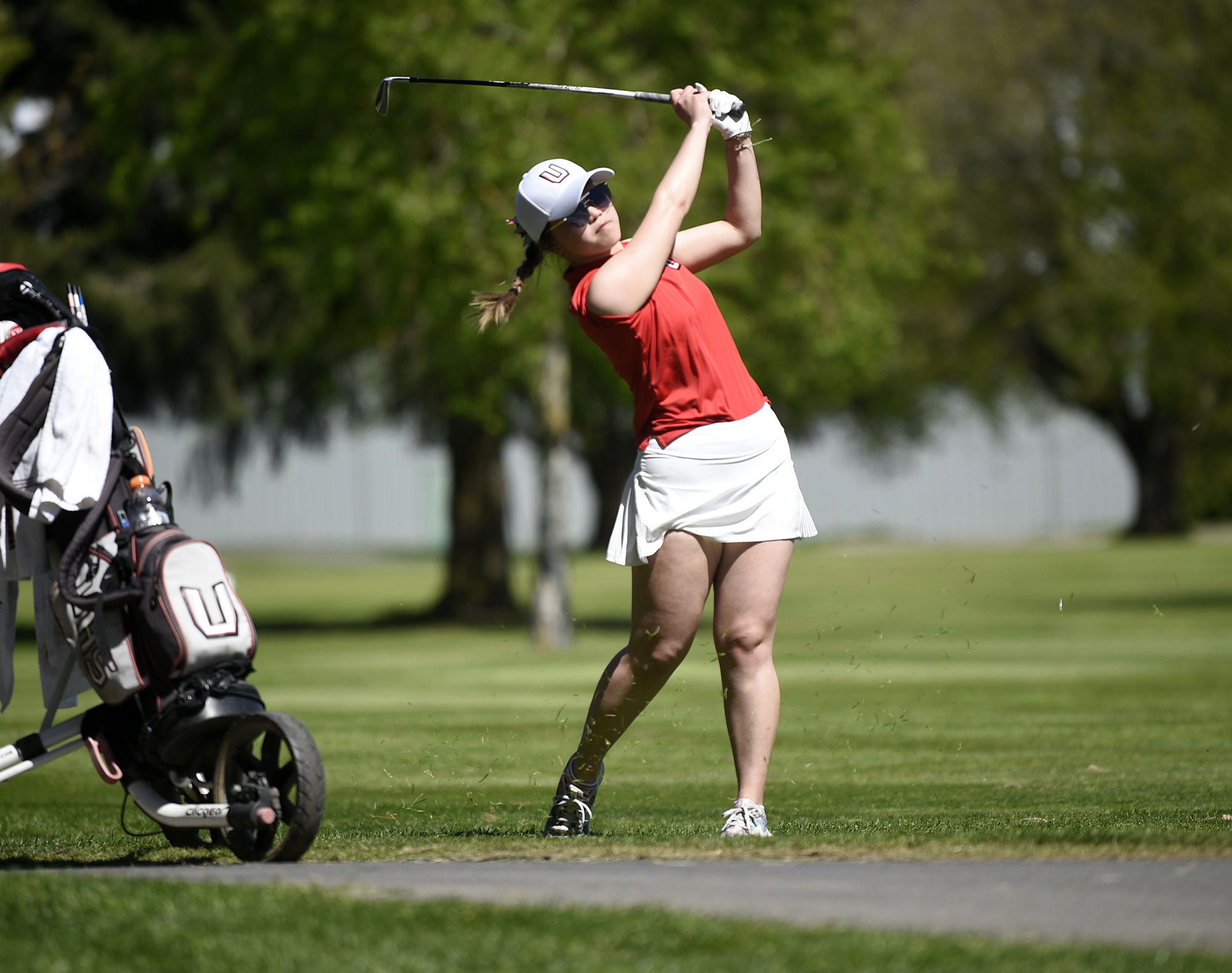 Jade Gruher of Union hits a shot on the 16th hole at Mint Valley Golf Course in Longview at the 4A girls golf district tournament on Wednesday, May 10, 2023.