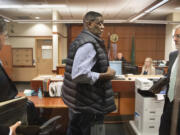 Former Seattle Supersonics basketball player Shawn Kemp appears in Pierce County Superior Court in Tacoma, Washington, on Thursday, May 4, 2023, to be arraigned on charge of first-degree assault for a March 8 shooting at the Tacoma Mall.