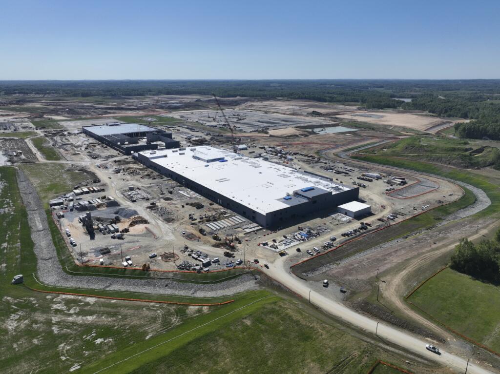 An electric and hybrid vehicle battery factory being built by Toyota is shown while under construction near Greensboro, North Carolina on Monday, May 15, 2023. The plant will supply batteries to Toyota's huge complex in Georgetown, Kentucky, which will build Toyota's first U.S.-made electric vehicle.