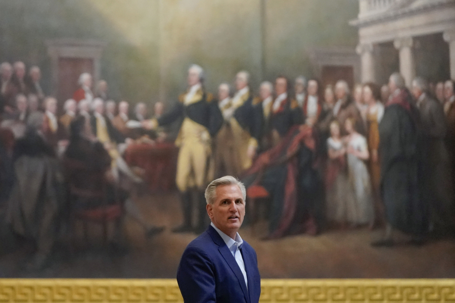 Speaker of the House Kevin McCarthy, R-Calif., walks in the Capitol Rotunda on Capitol Hill in Washington, Sunday, May 21, 2023.
