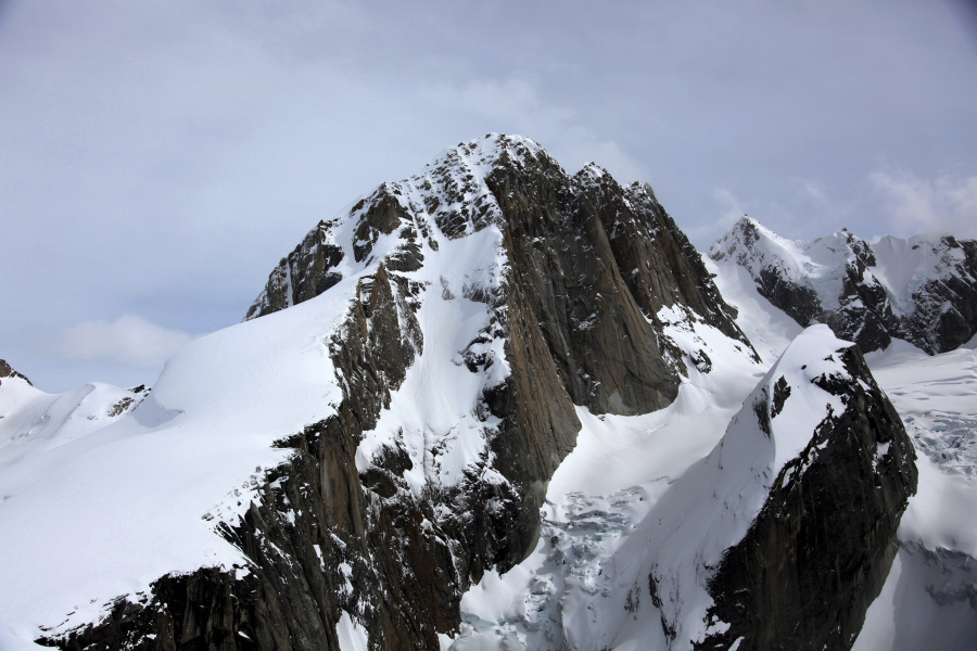This undated photo provided by the National Park Service show the West Ridge climbing route of Moose's Tooth, a 10,300-foot peak in Denali National Park where officials are looking for two climbers. The two climbers missing in Alaska likely triggered a small avalanche while climbing and fell, coming to rest in a heavily crevassed glacier at the bottom of the slide path, officials said Tuesday, May 9, 2023.