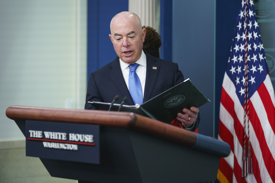 Homeland Security Secretary Alejandro Mayorkas arrives to speak about border security during a briefing at the White House, Thursday, May 11, 2023, in Washington.