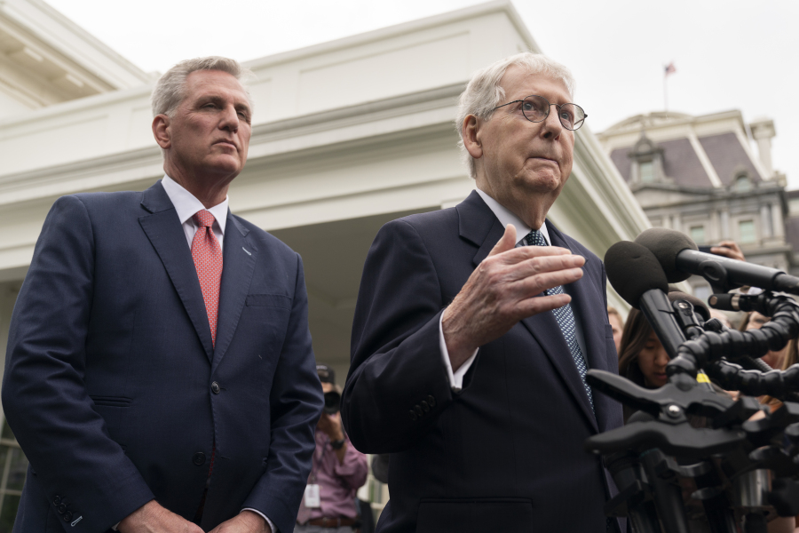 Senate Minority Leader Mitch McConnell of Ky., and House Speaker Kevin McCarthy of Calif., talk to reporters after meeting with President Joe Biden, Vice President Kamala Harris, House Minority Leader Hakeem Jeffries of N.Y., and Senate Majority Leader Chuck Schumer of N.Y., in the Oval Office of the White House, Tuesday, May 16, 2023, in Washington, about the debt ceiling.