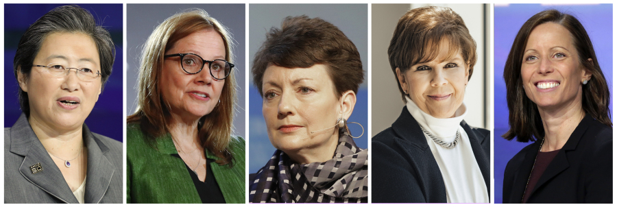 This combination of photos show the five top paid women CEOs in 2022. From left, Lisa Su of Advanced Micro Devices, Mary Barra of General Motors, Lynn Good of Duke Energy, Phebe Novakovic of General Dynamics, and Adena Friedman of Nasdaq, Inc. 2022 was a mixed bag pay-wise for the women who run companies in the S&P 500 - compensation increased for more than half of them, but the median pay package fell 6%. Of the 343 CEOs in the compensation survey of S&P 500 companies done by the AP and Equilar, only 20 were women.