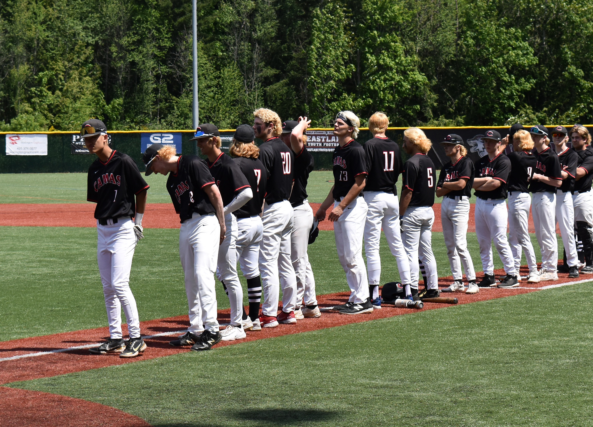 The Camas baseball team lines up prior to its Class 4A state tournament game against Kamiakin at Eastlake High School in Sammamish on Saturday, May 20, 2023.