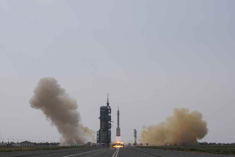 A Long March rocket carrying a crew of Chinese astronauts in a Shenzhou-16 spaceship lifts off today at the Jiuquan Satellite Launch Center in northwestern China.