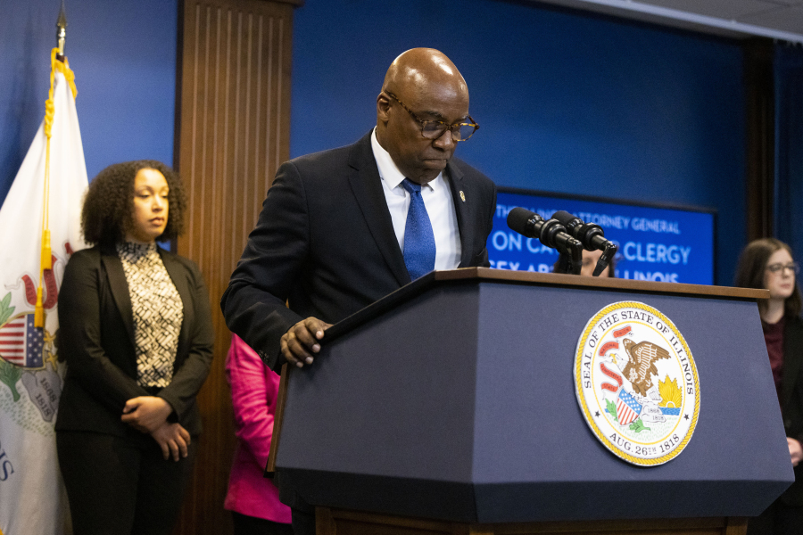 Illinois Attorney General Kwame Raoul speaks on the findings of his office's investigation into Catholic Clergy Child Sex Abuse in Chicago, Tuesday, May 23, 2023. At the news conference announcing his office's findings, Attorney General Raoul credited accusers for making the review possible. (Eileen T.