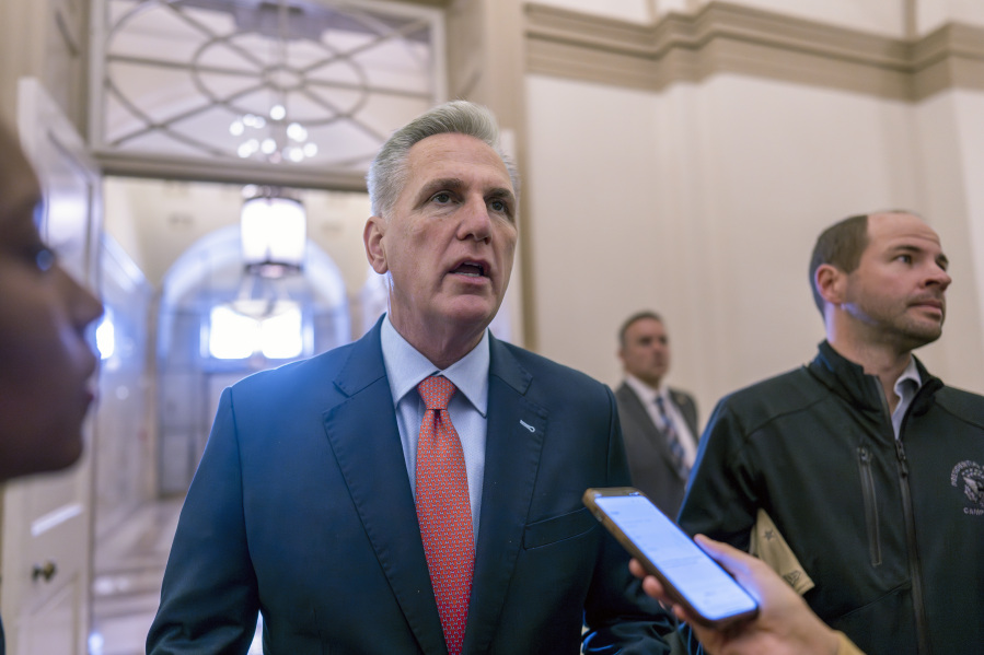 Speaker of the House Kevin McCarthy, R-Calif., speaks to reporters at the Capitol in Washington, Wednesday, May 24, 2023. (AP Photo/J.