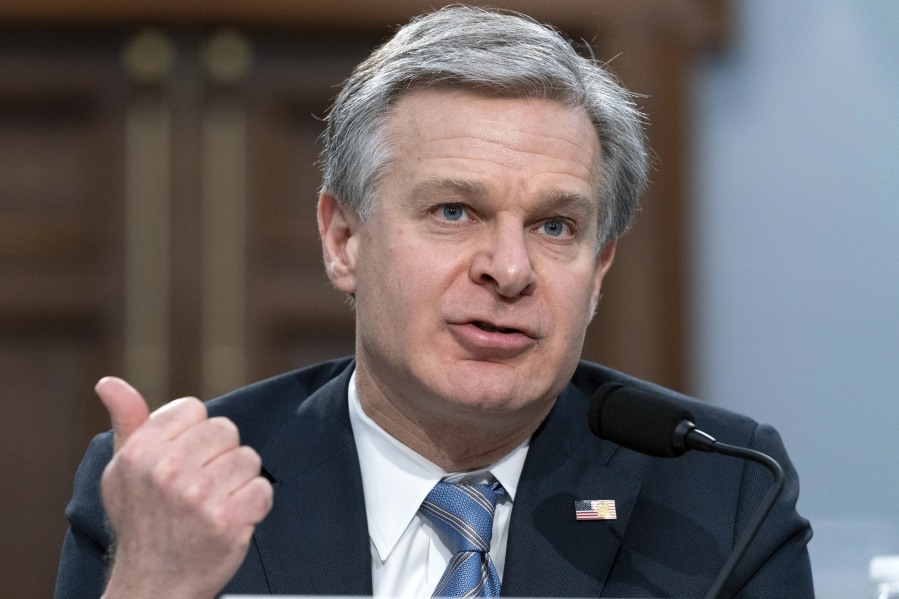FBI Director Christopher Wray testifies before the House Appropriations subcommittee Commerce, Justice, Science, and Related Agencies budget hearing for Fiscal Year 2024, on Capitol Hill in Washington, Thursday, April 27, 2023.