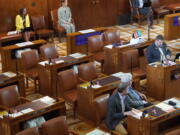 The desks of Republican senators are vacant on May 31, 2023, as the GOP-led walkout prevents the Senate from conducting business for the 19th day.