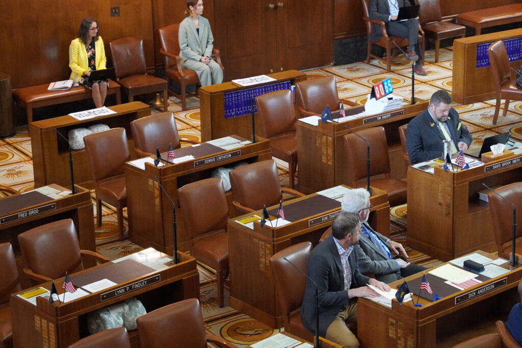 The desks of Republican senators are vacant on May 31, 2023, as the GOP-led walkout prevents the Senate from conducting business for the 19th day.