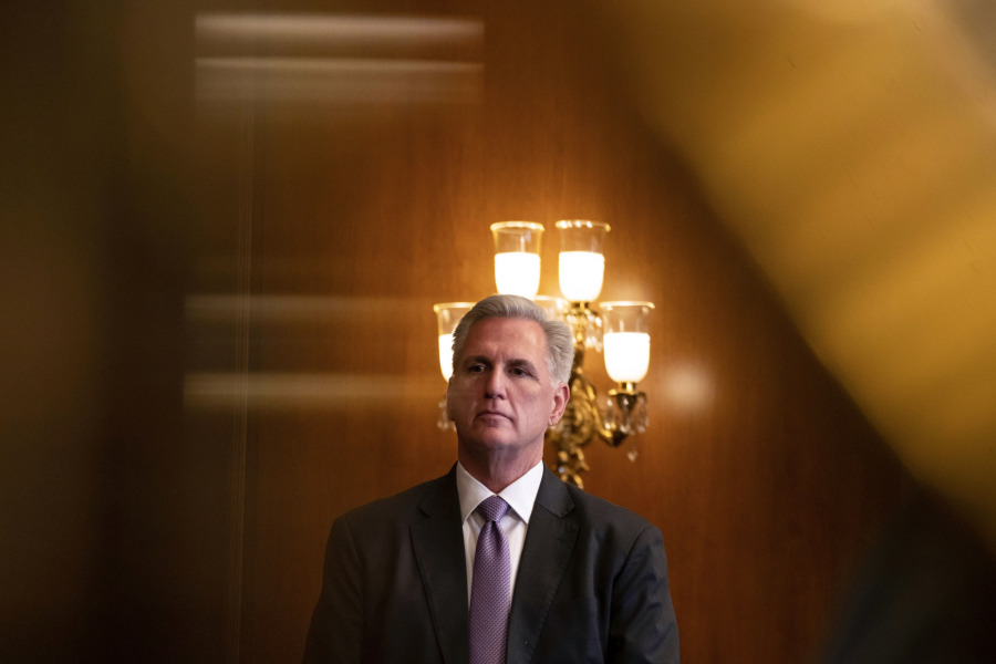 FILE - House Speaker Kevin McCarthy, of Calif., listens during a news conference in the Rayburn Room at the Capitol in Washington, May 11, 2023.