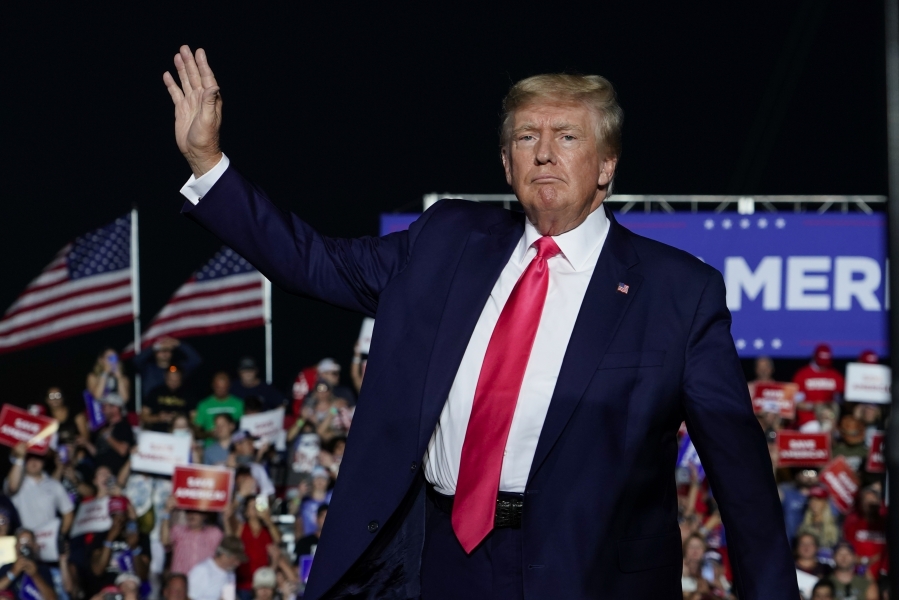 FILE - Former President Donald Trump arrives at a rally, Aug. 5, 2022, in Waukesha, Wis. Dane County Circuit Judge Frank Remington on Wednesday, May 24, 2023, scheduled a jury trial in a lawsuit seeking $2.4 million in damages from Republicans who attempted to cast Wisconsin's 10 electoral votes for Trump in 2020 on Sept. 3, 2024, just two months before the 2024 presidential election.