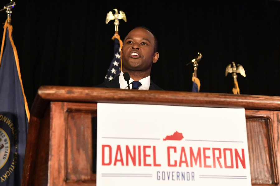 Kentucky Attorney General Daniel Cameron speaks to supporters following his victory in the republican primary in Louisville, Ky., Tuesday, May 16, 2023. (AP Photo/Timothy D.