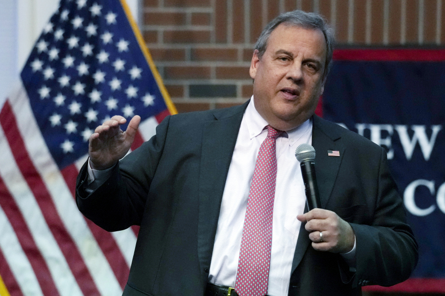 FILE - Former New Jersey Gov. Chris Christie addresses a gathering during a town hall style meeting at New England College, April 20, 2023, in Henniker, N.H. Christie is expected to launch his second campaign for the Republican nomination for president next week in New Hampshire.