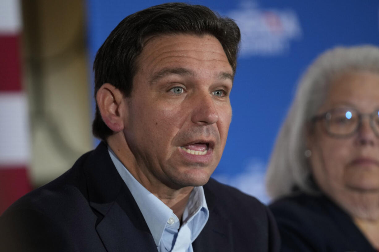 Florida Gov. Ron DeSantis speaks at a political roundtable, Friday, May 19, 2023, in Bedford, N.H. (AP Photo/Robert F.