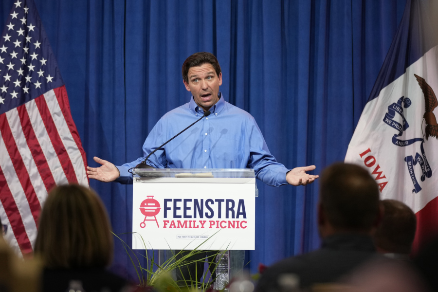 Florida Gov. Ron DeSantis speaks during a fundraising picnic for U.S. Rep. Randy Feenstra, R-Iowa, Saturday, May 13, 2023, in Sioux Center, Iowa.