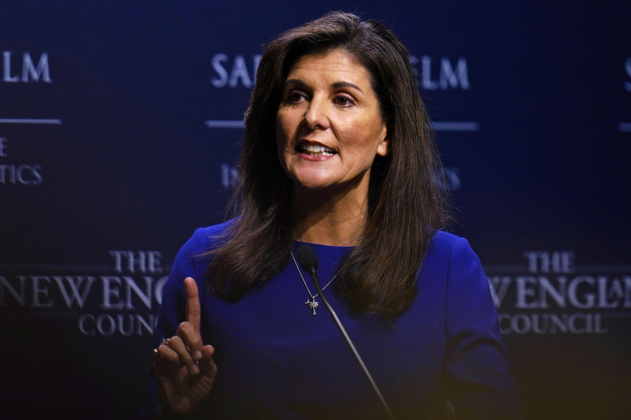 Republican presidential candidate Nikki Haley gestures while addressing a breakfast gathering at Saint Anselm College, Wednesday, May 24, 2023, in Manchester, N.H.