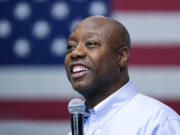 FILE - Sen. Tim Scott, R-S.C., speaks during a town hall, Monday, May 8, 2023, in Manchester, N.H. Scott filed paperwork with the Federal Election Commission declaring his intention to seek his party's nomination in 2024.