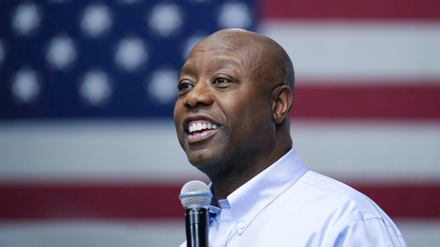FILE - Sen. Tim Scott, R-S.C., speaks during a town hall, Monday, May 8, 2023, in Manchester, N.H. Scott filed paperwork with the Federal Election Commission declaring his intention to seek his party's nomination in 2024.