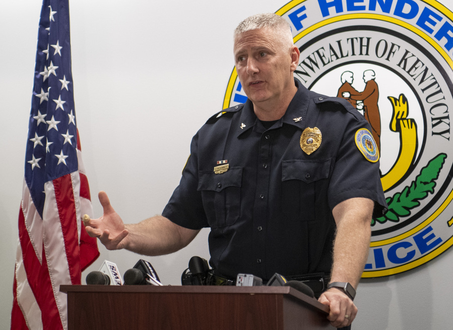 Henderson Police Chief Sean McKinney holds a press conference after officials pulled what they believe to be the body of escaped Ohio prisoner Bradley Gillespie from the Ohio River in Henderson, Ky., Sunday afternoon, May 28, 2023. The discovery of the body ends the five-day search in Henderson County for the convicted killer who reportedly escaped from the Allen/Oakwood Correctional Institution in Lima, Ohio, on Tuesday along with inmate James Lee.