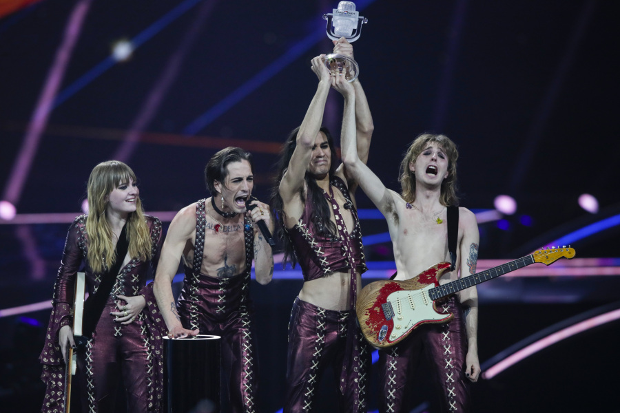 File - Maneskin from Italy receive the trophy after winning the Grand Final of the Eurovision Song Contest at Ahoy arena in Rotterdam, Netherlands, May 22, 2021. Since 1956, the Eurovision Song Contest has provided catchy tunes, cheesy pop and bombastic anthems - but also some eye-catching fashion.