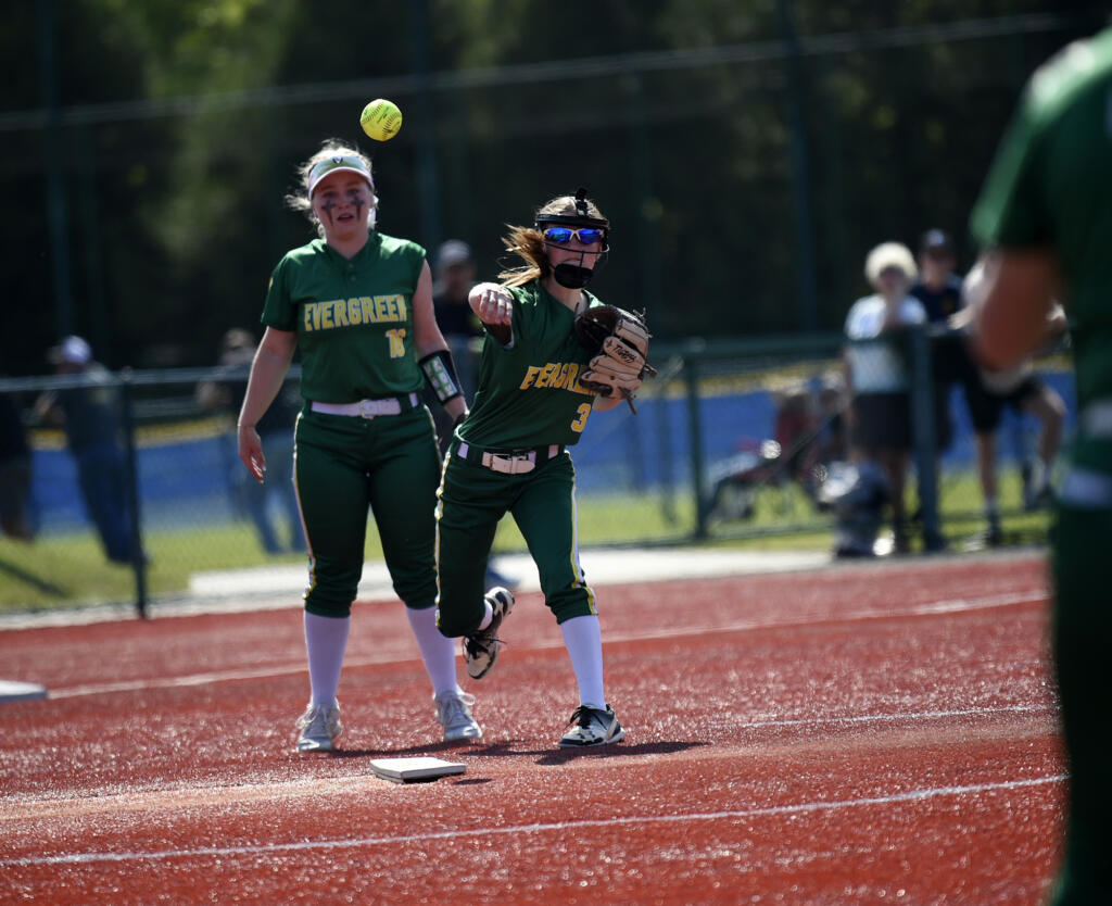 Evergreen's Delaney Bollman makes a throw to first base during Evergreen's 6-4 loss to Timberline at the 3A softball state tournament at the Regional Athletic Complex in Lacey on Thursday, May 25, 2023.