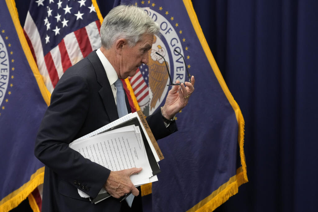 File - Federal Reserve Board Chair Jerome Powell walks from the podium after speaking at a news conference at the Federal Reserve, Wednesday, March 22, 2023, in Washington. The Fed's interest rate decision, announced on Wednesday, comes against the backdrop of both still-high inflation and the persistent turmoil in the banking industry.