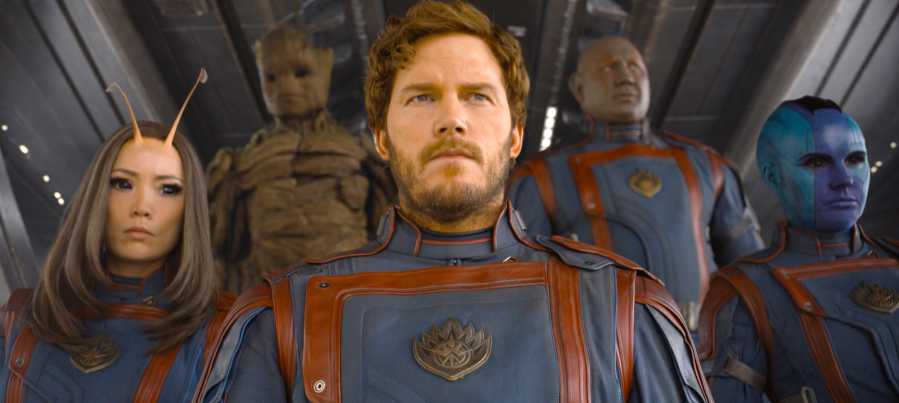 From left: Pom Klementieff as Mantis, Groot (voiced by Vin Diesel), Chris Pratt as Peter Quill/Star-Lord, Dave Bautista as Drax and Karen Gillan as Nebula in "Guardians of the Galaxy Vol.