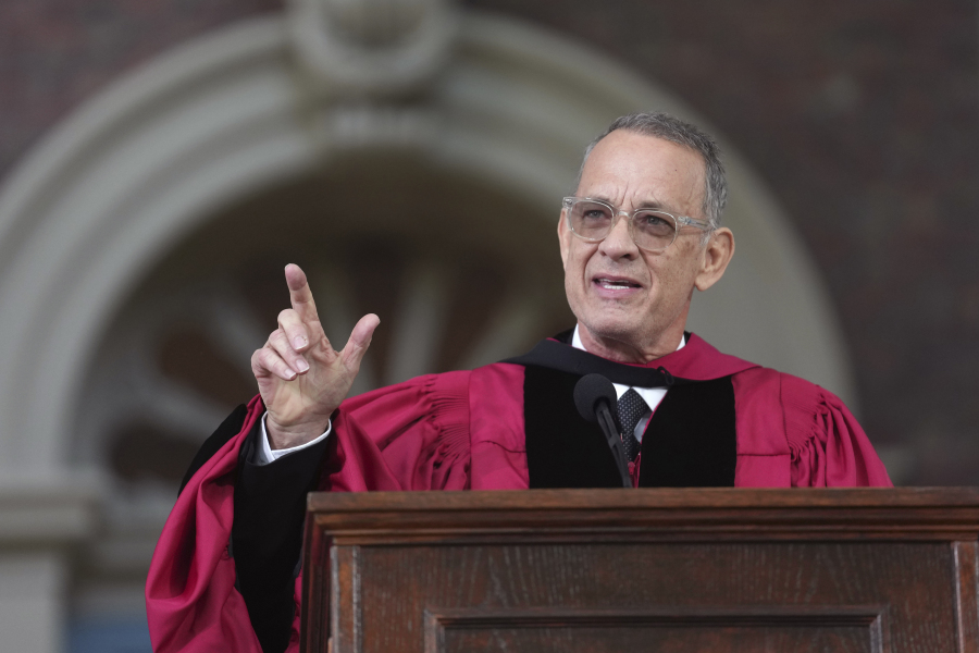 Actor Tom Hanks delivers a commencement address during Harvard University commencement exercises on the school's campus, Thursday, May 25, 2023, in Cambridge, Mass.